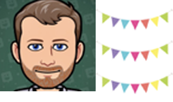 Bitmoji of Mr Waterworth, with a green background and multi-coloured celebration banner. 