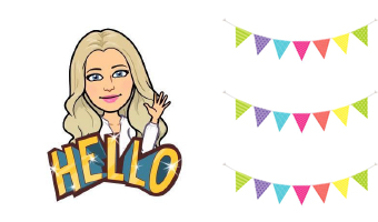 Bitmoji of Miss Williams, with a multi-coloured celebration banner and large display letters saying "Hello".