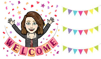 Bitmoji of Miss Noyce, with a multi-coloured celebration banner and pink and purple confetti. 